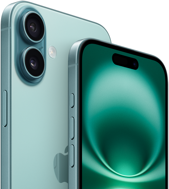 Un iPhone 16 Plus e un iPhone 16 verde acqua visti da davanti e da dietro, si notano il tasto Azione, i tasti del volume, il tasto laterale, il tasto del Controllo fotocamera, il design all-screen con Dynamic Island al centro verso il bordo superiore, il sistema evoluto a doppia fotocamera rialzato in alto a sinistra e il logo Apple al centro